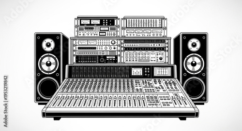 Detailed Illustration of a Vintage Audio Mixing Console and Speakers.