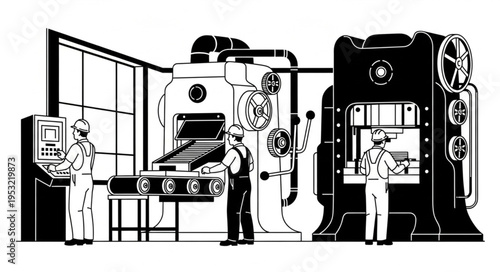 Industrial Manufacturing Scene with Workers Operating Heavy Machinery.