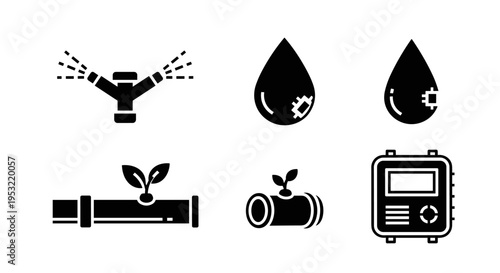 Water Droplet Irrigation System Icons.
