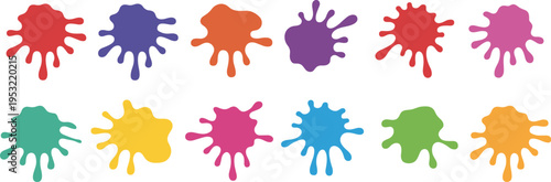 Ten colorful paint splatters arranged in two rows on a white background ink splatter splash drop blot