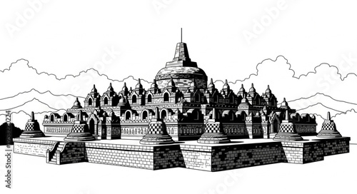 Detailed Line Art Depiction of the Majestic Borobudur Temple in Indonesia.