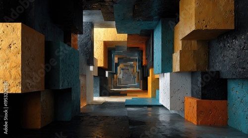 A futuristic corridor with colorful blocks and a dramatic perspective