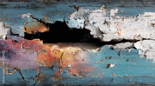 A close-up view of a weathered and damaged wooden surface with peeling paint