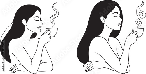 Two women enjoying hot beverages in a minimalist line style