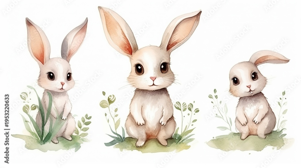 Fototapeta premium Three Adorable Little Bunnies in a Soft Watercolor Meadow Scene with Grass and Flowers