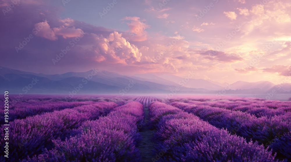 Obraz premium Serene Lavender Field Under Expansive Sky at Dusk with Soft Purple Hues and Stunning Mountain Range in Background