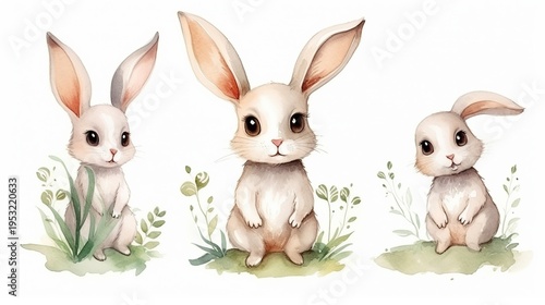 Three Adorable Little Bunnies in a Soft Watercolor Meadow Scene with Grass and Flowers