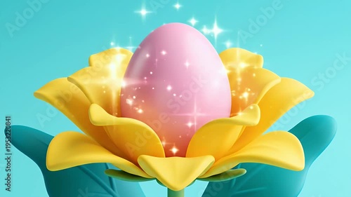 Bright yellow tulip bud with exaggerated teal leaves against a turquoise backdrop