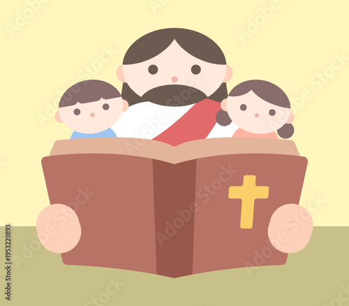 Jesus Reading the Bible to Children Vector Illustration