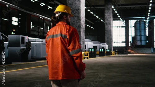 Engineer walking inside factory plant inspecting heavy machinery along production line. Warehouse with metallic beams, steel work and advanced engineering to ensure large-scale manufacturing.