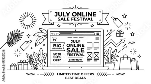 July Online Sale Festival with Laptop Gifts and Shopping Bags