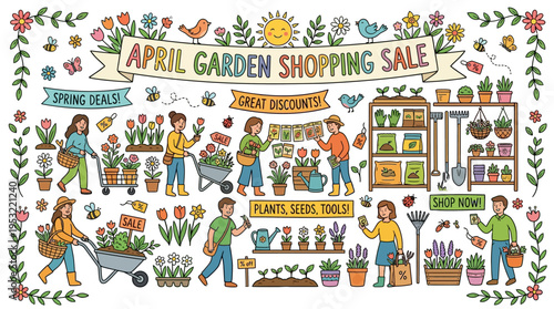 April Garden Shopping Sale Banner With People Plants and Supplies