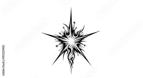 Stylized black tribal flash explosion starburst graphic element representing dynamic impact, energy burst, or dramatic comic effect isolated on white background.