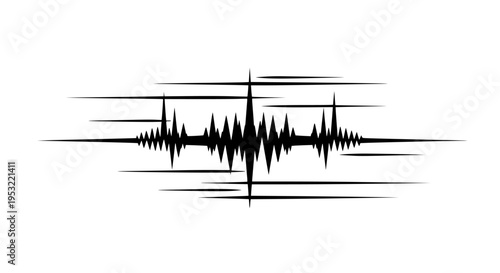 Black abstract sound wave graphic element featuring sharp spikes and horizontal motion lines representing audio frequency or vibration isolated on white background.