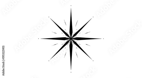 Minimalist black and white vector illustration of a sharp starburst shape representing focus point, bright light source, or abstract geometric directional design element.