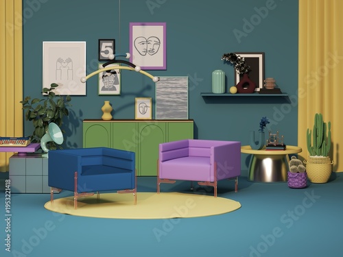 Creative Colorful Living Room Setup with Furniture and Wall Art