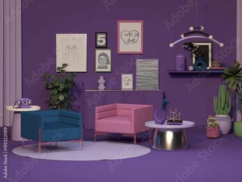 Modern Maximalist Interior Scene with Sofa and Wall Decorations