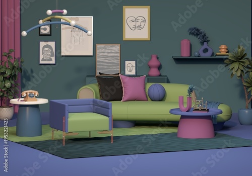 Maximalist Living Room Interior Scene with Vibrant Colors and Modern Decor 