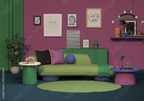 Colorful Modern Interior Design with Sofa, Wall Art and Decorative Objects