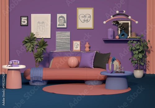 Stylized Living Room Interior with Bold Colors and Eclectic Decor