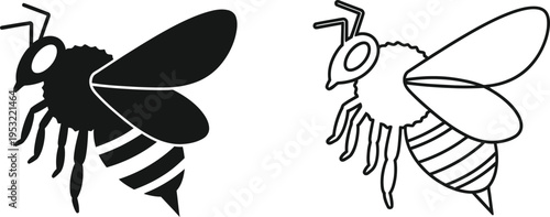 Black Bee Icon and Outline Bee Vector Illustration Vector