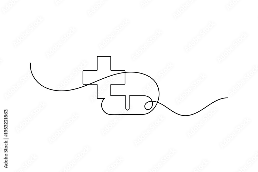 Obraz premium Medical cross with capsule line art representing drug treatment and health safety
