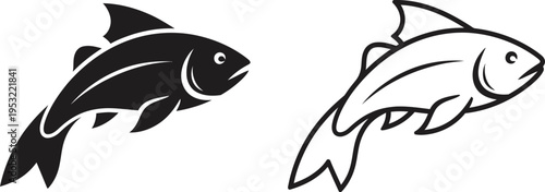 Fish Icon Set Black Silhouette and Outline Vector Vector