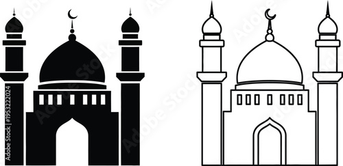 Islamic Mosque Silhouette and Outline Icons Vector