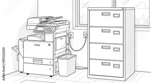 Office Equipment - Copier and Filing Cabinet in Detailed Line Art.