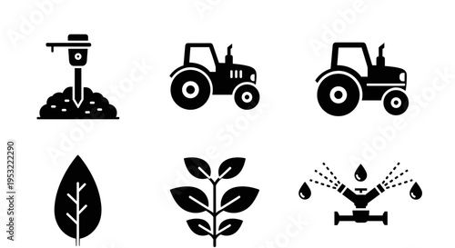 Tractors and farming tools icons.