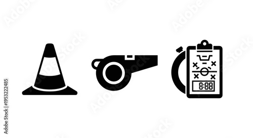 Traffic cone and referee whistle.