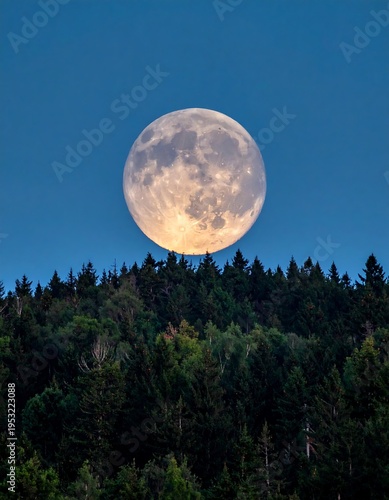 Large full moon rising above dense evergreen forest under a twilight sky