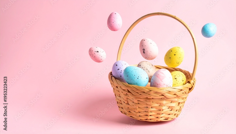 Fototapeta premium Colorful Easter eggs bounce joyfully from a woven basket, copy space area