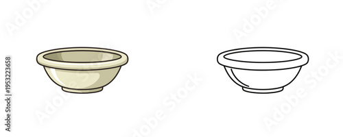 Empty kitchen bowl illustrations in flat grey color and black linear outline styles representing ceramic dishware and home equipment isolated on white background