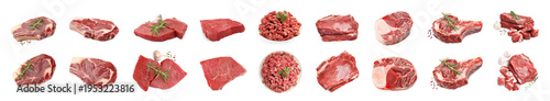 Pieces of raw beef and minced meat isolated on white, collage. Top and side view