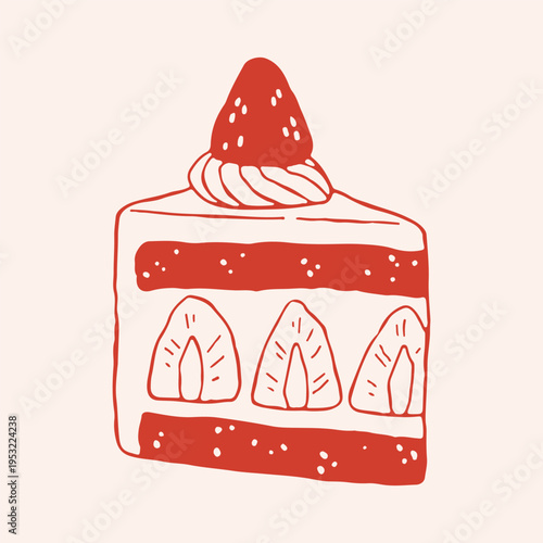 Vector illustration of a delicious strawberry layer cake slice with cream and fruit. Hand drawn red line art of gourmet sponge cake piece for bakery branding and dessert menu cards design