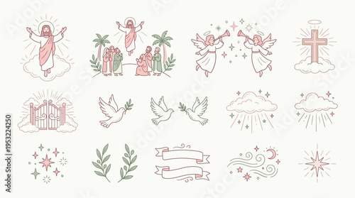 A collection of Christian religious symbols and motifs in line art style, depicting Jesus, angels, crosses, doves, and heavenly elements.