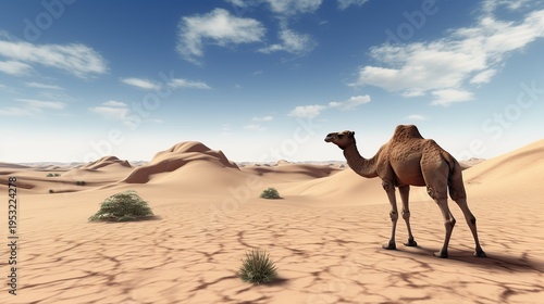 Vast Golden Desert Landscape with a Single Camel Beside Sparse Scrub Under a Bright Sky