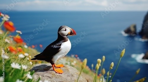 Vibrant Atlantic Puffin Perched on Coastal Cliff Among Wildflowers by the Sea