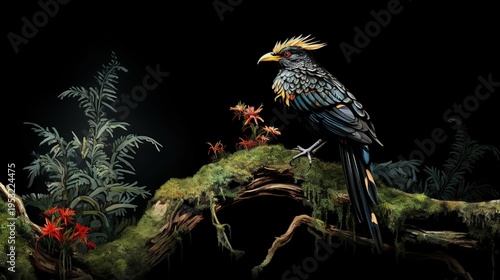 Vibrant blue and yellow tropical bird perched on a mossy branch among ferns and red blossoms against a black background