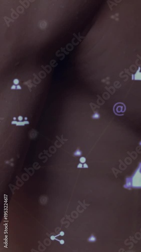 Vertical video: Playback starting social overlay shifting icons into linked nodes over blurred skin