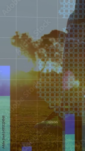 Neon vest player standing as kicking foot hitting soccer ball, training HUD overlaying right charts