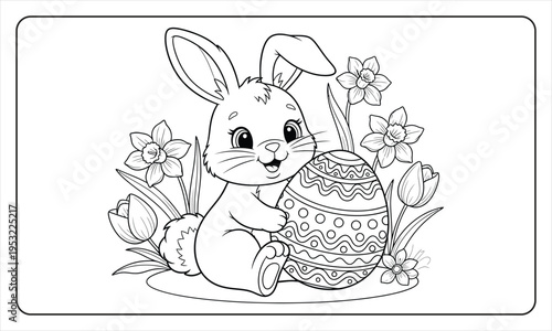 Easter bunny coloring page with easter egg and flowers for kids