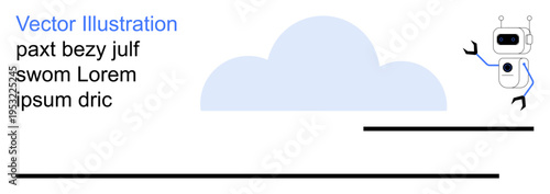 Cloud computing, automation, AI concepts, placeholders, futuristic technology, digital systems. Image of a robot beside a cloud and text. Cloud computing and automation concepts
