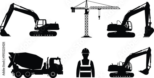 Construction machinery silhouettes featuring excavators tower crane concrete mixer truck and worker representing heavy equipment industrial engineering and infrastructure 