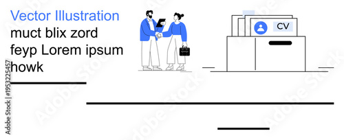 Employment, HR management, recruitment, corporate hiring, job applications, candidate selection. Two people shaking hands next to CV files. Recruitment and HR management concept