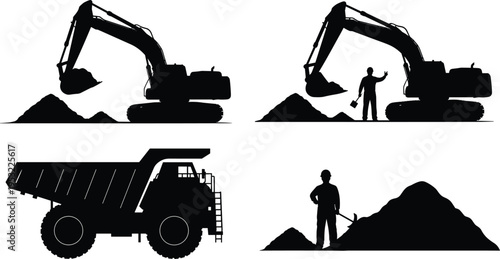 Construction machinery silhouettes with excavators dump truck and worker illustrating heavy equipment operation industrial labor excavation process and infrastructure development in building site