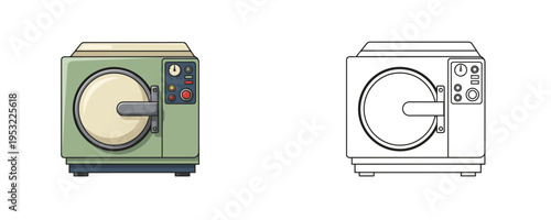 Medical autoclave sterilizer illustrations in flat green color and black linear outline styles representing laboratory disinfection equipment isolated on white background