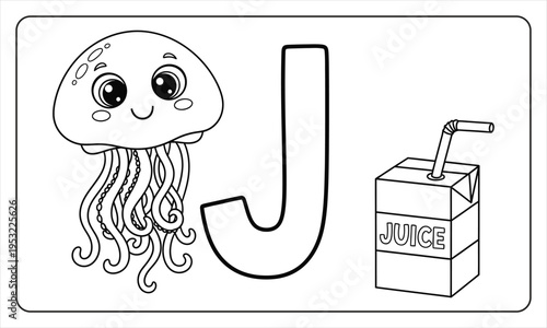 Alphabet coloring page for kids jellyfish and juice box letter j