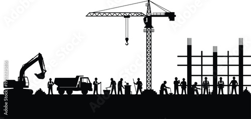 Construction site silhouette with workers excavator dump truck and tower crane illustrating large scale industrial labor teamwork heavy machinery operation and infrastructure building development
